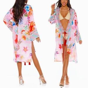 Ranees Women's Multicolor Long Sleeve Floral Print Beach Duster Cover-Up Size OS